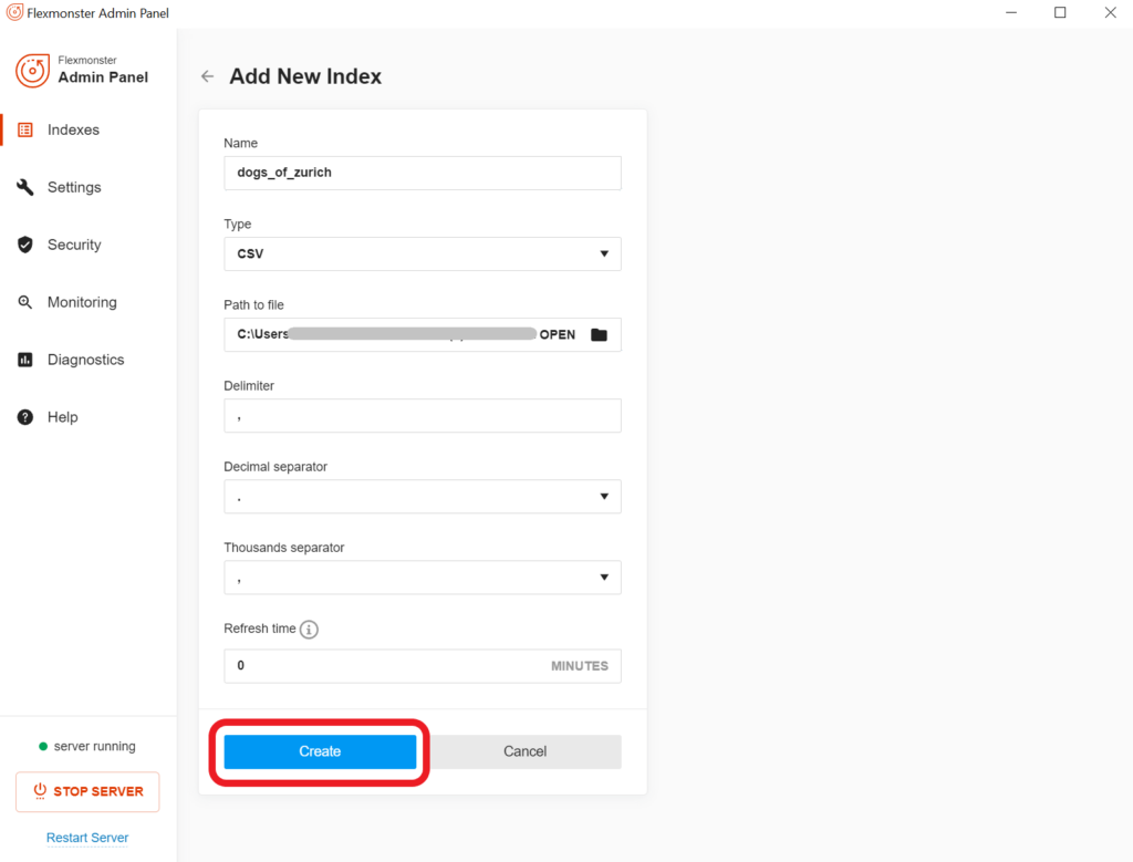 Screenshot of the Flexmonster Data Server Admin Panel's 'Add New Index' form. It shows the configuration for adding a CSV dataset, with 'dogs_of_zurich' as the index name and the 'Create' button highlighted.
