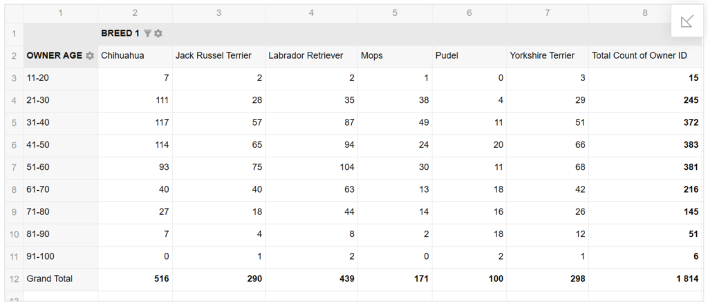 Screenshot of a React Pivot Table answering 'How does the popularity of top dog breeds vary across different owner age groups?'. The table shows 'OWNER AGE' rows and 'BREED' columns with counts of owner IDs.