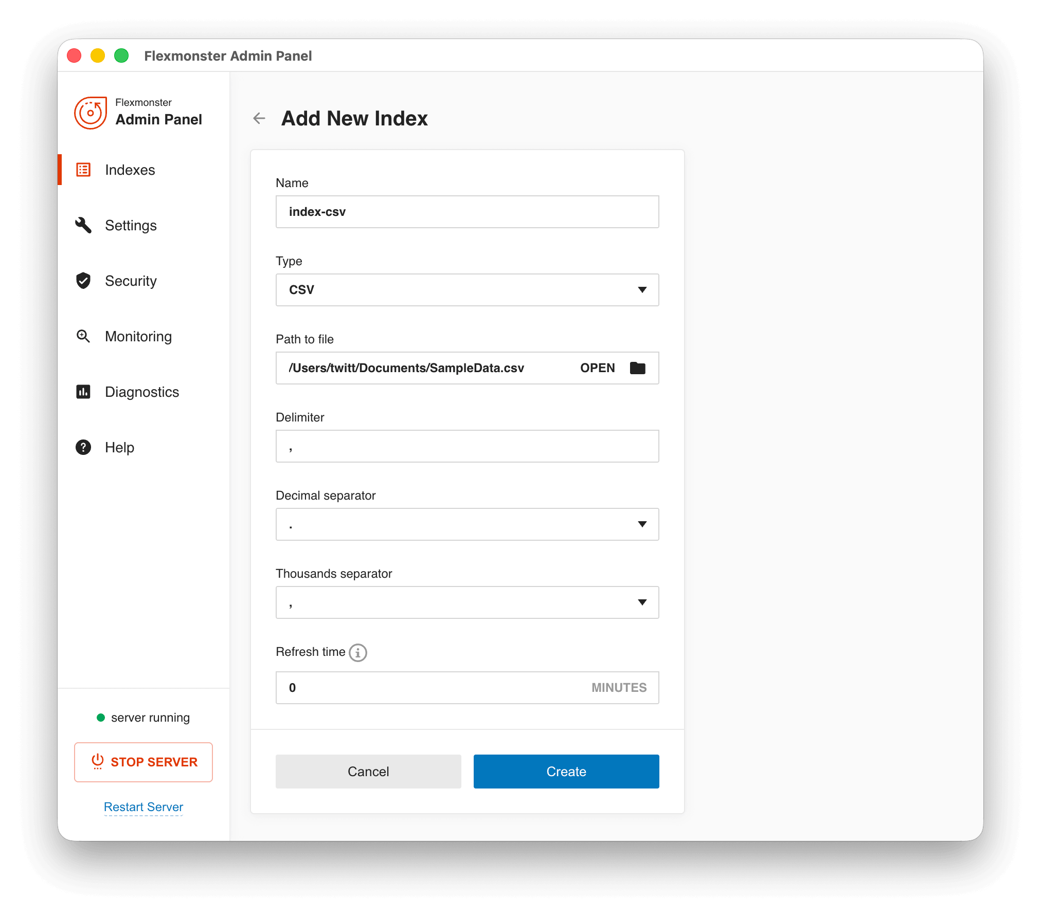 Screenshot of the Add New Index view with some index configurations