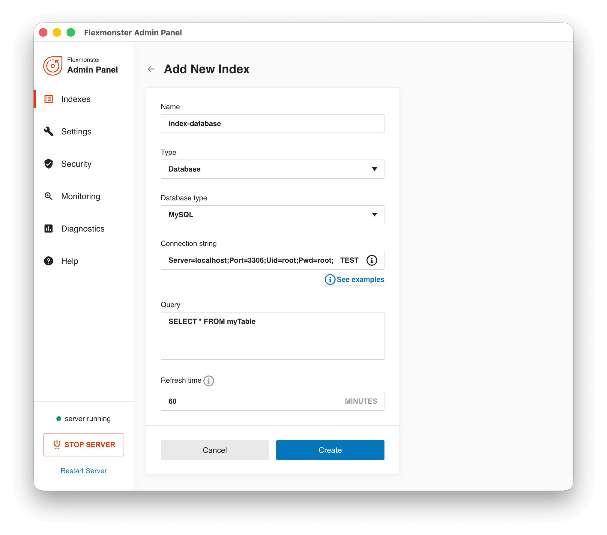 Sample configuration of a MySQL index in Flexmonster Admin Panel
