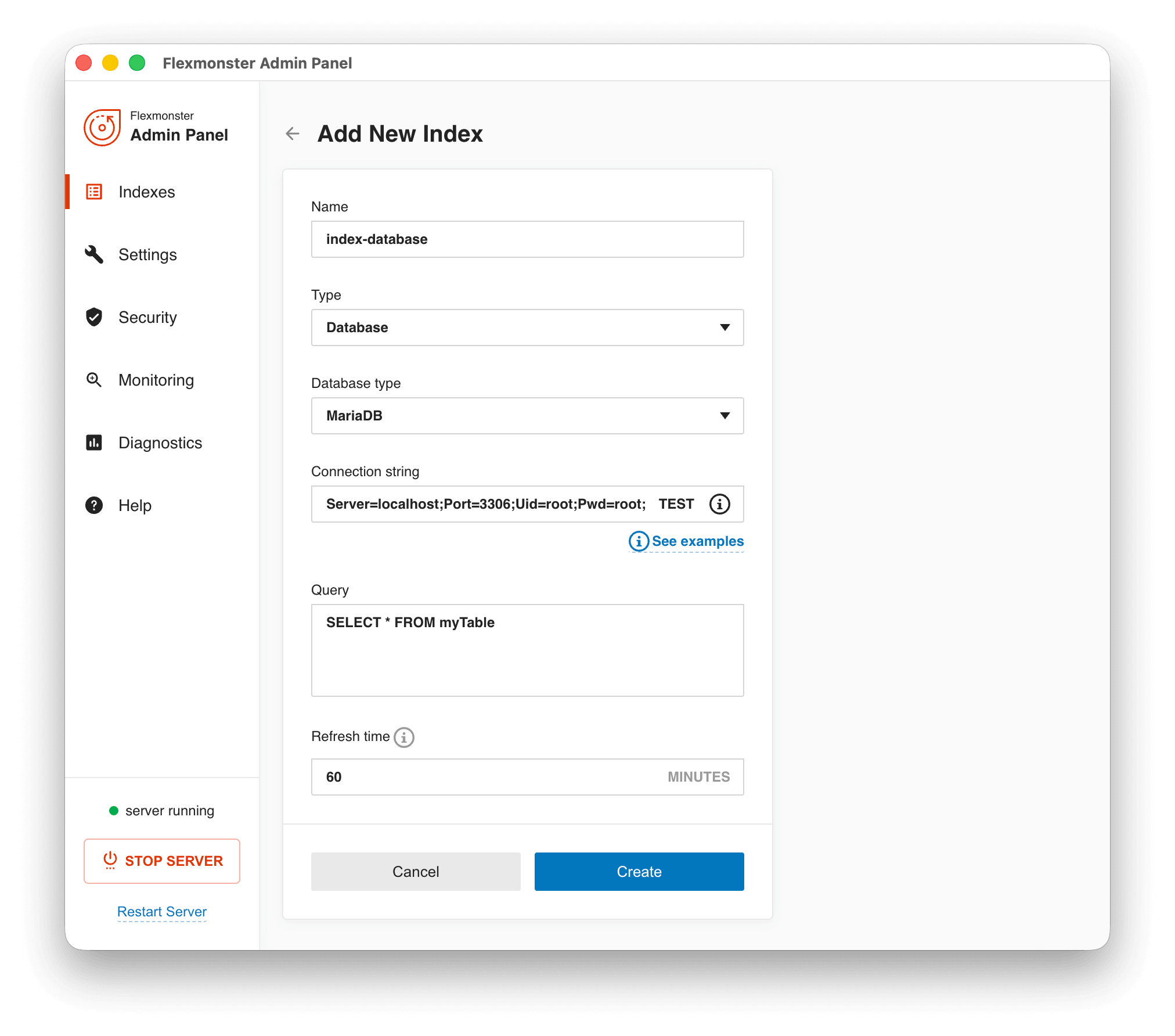 Sample configuration of a MariaDB index in Flexmonster Admin Panel