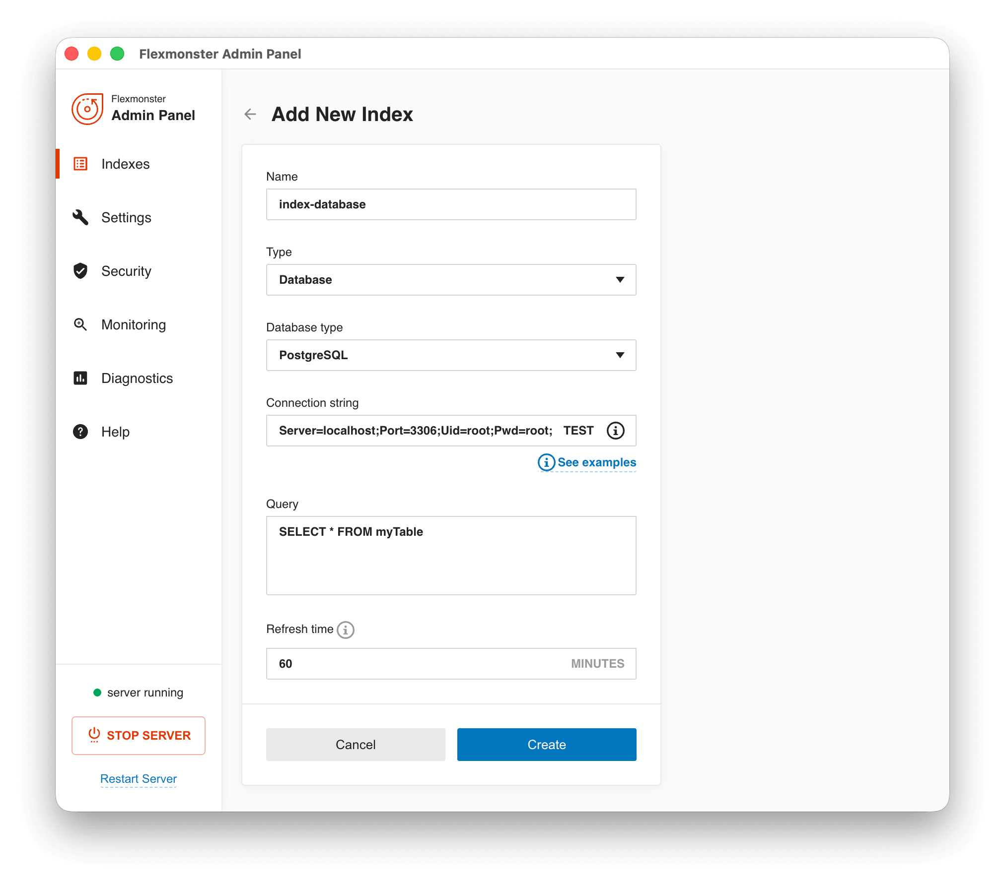 Sample configuration of a PostgreSQL index in Flexmonster Admin Panel