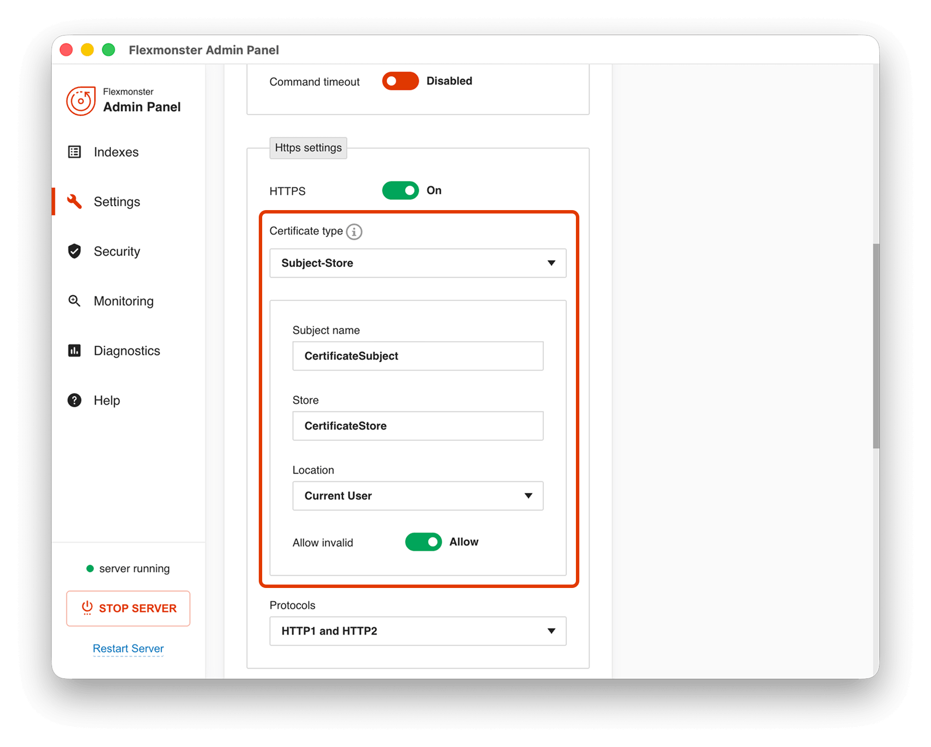 Sample configs for certificate using its subject and store