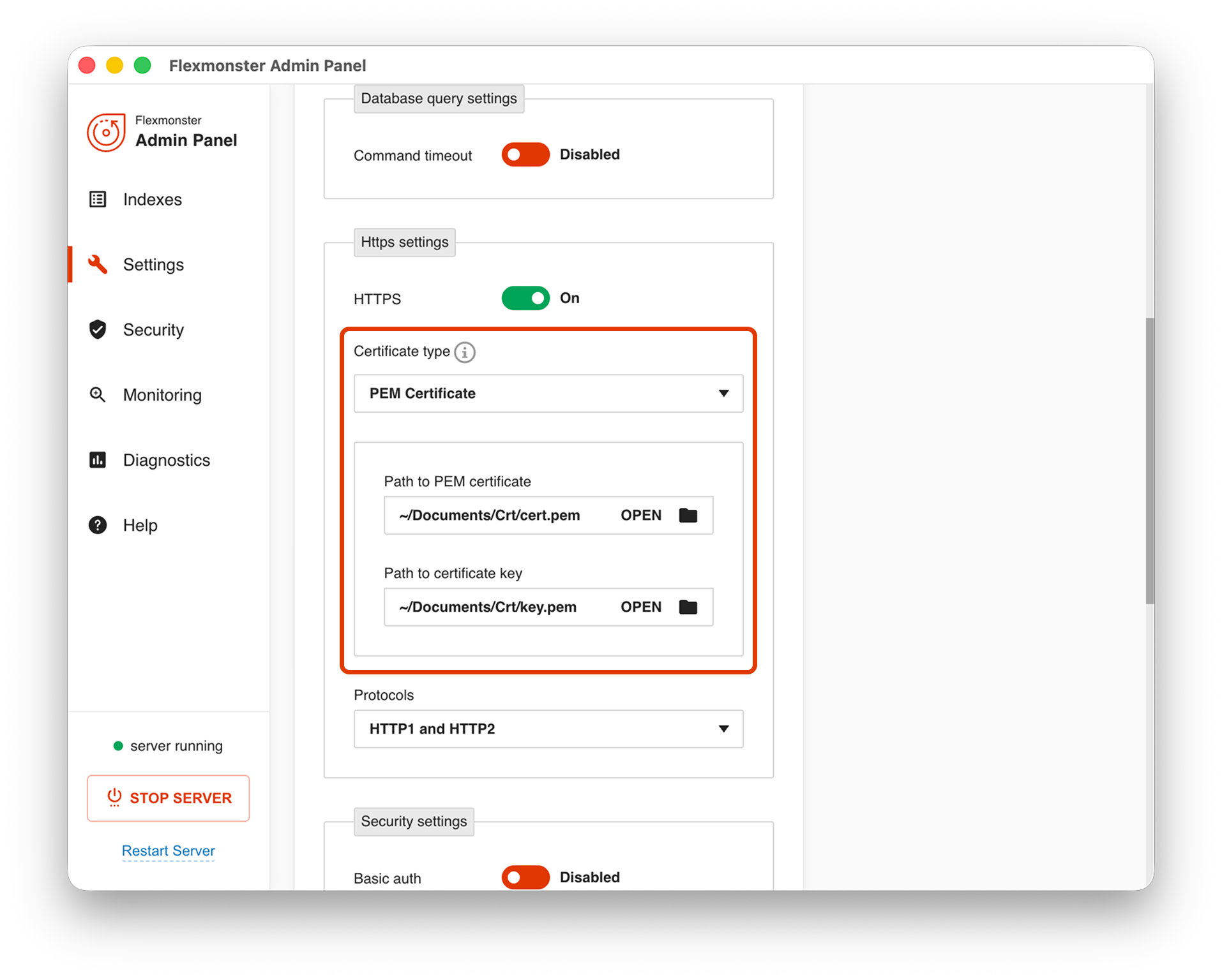 Sample configs for PEM certificate