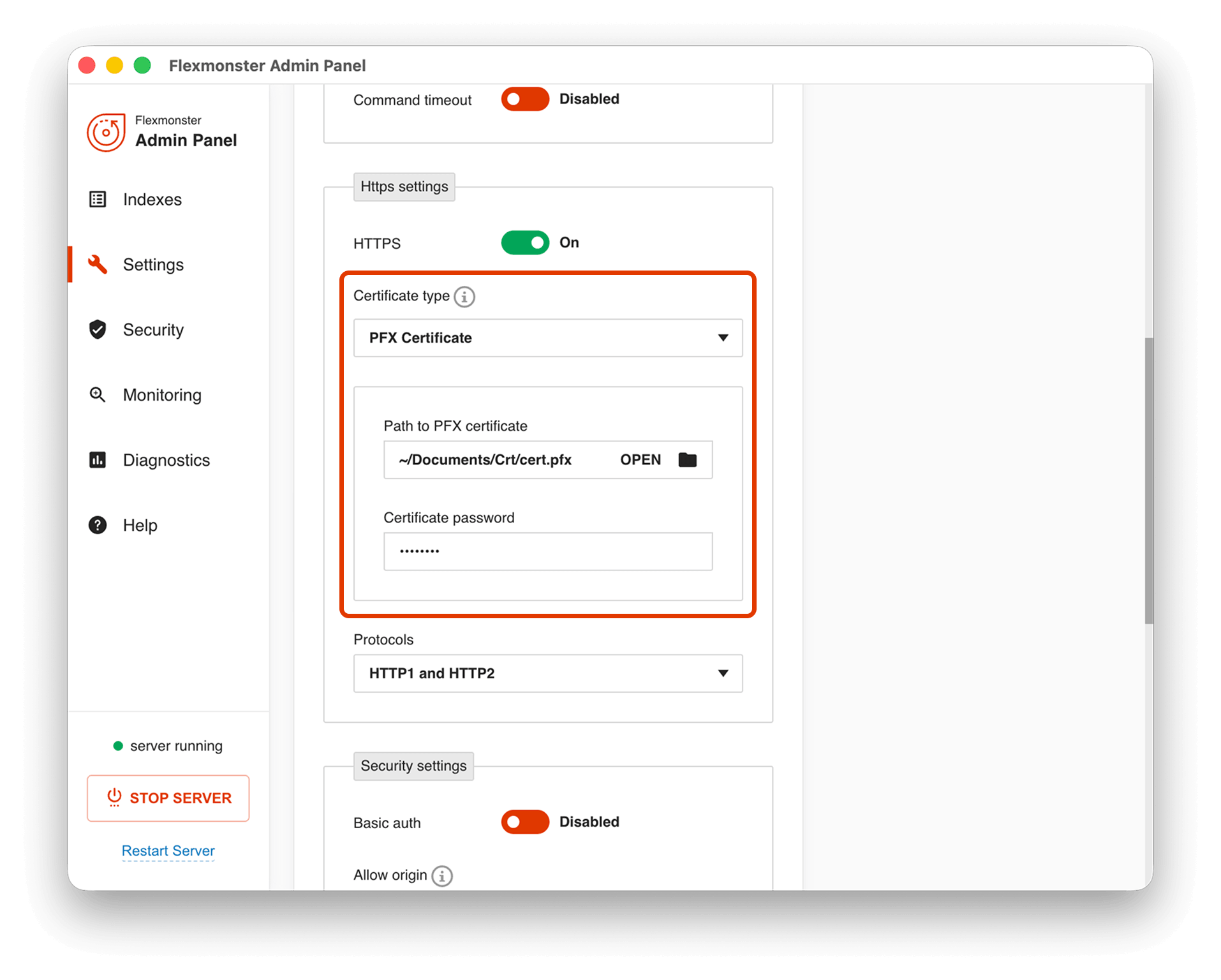 Sample configs for PFX certificate