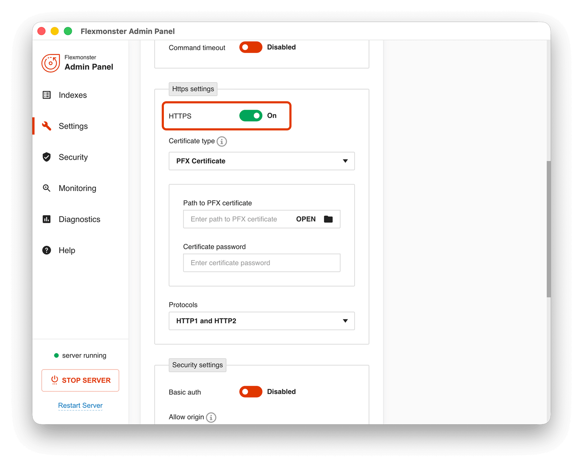 Enabled HTTPS toggle in the Https settings section