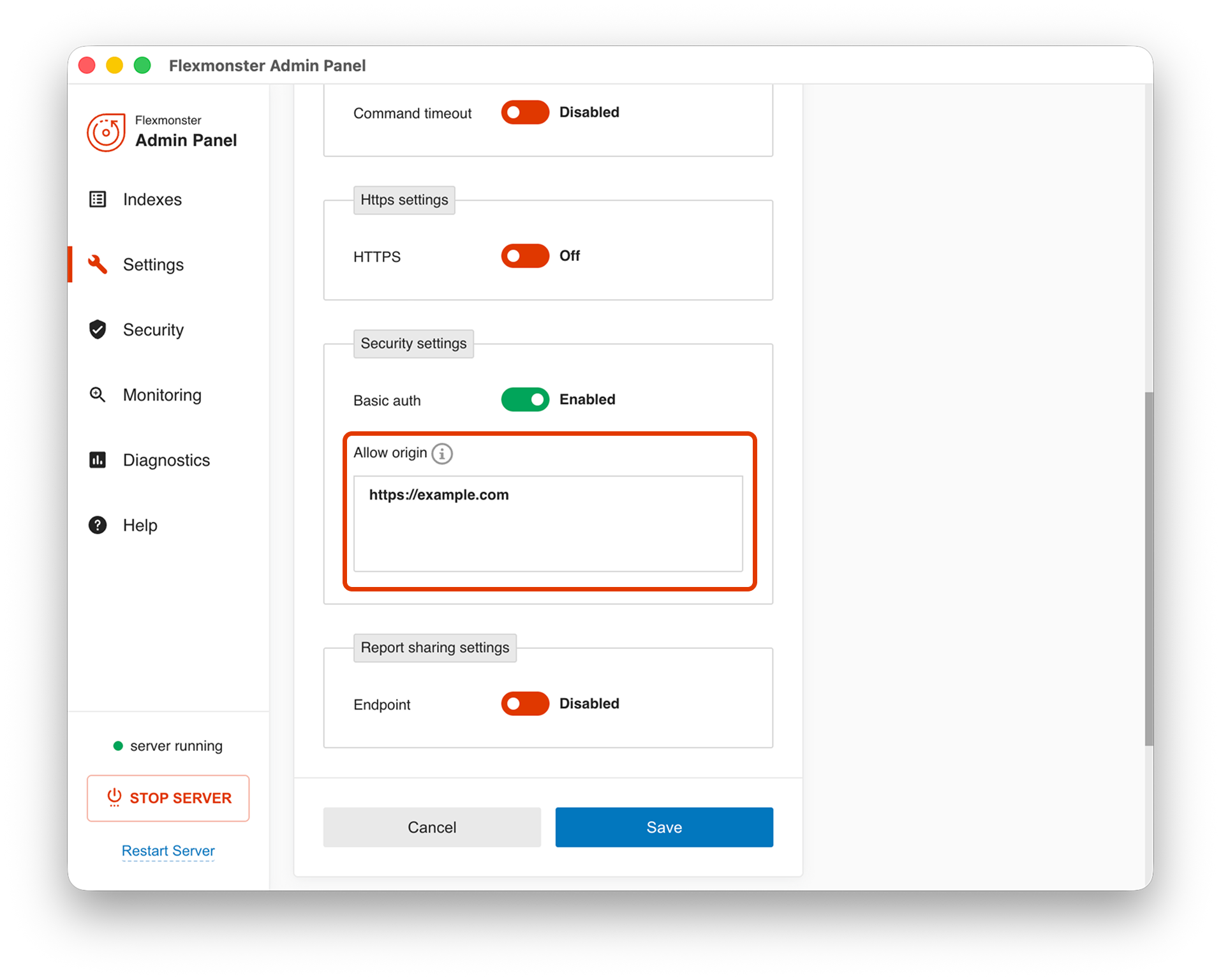 Several origins specified in the Allow origin input field