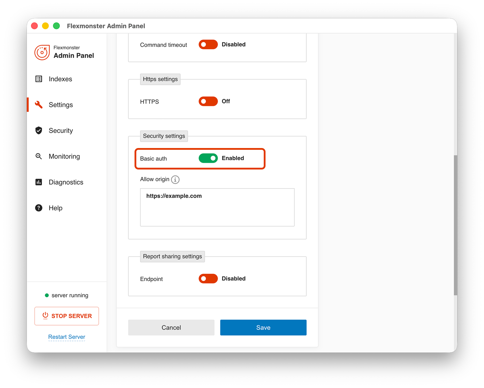 Enabled Basic auth toggle in the Security settings section