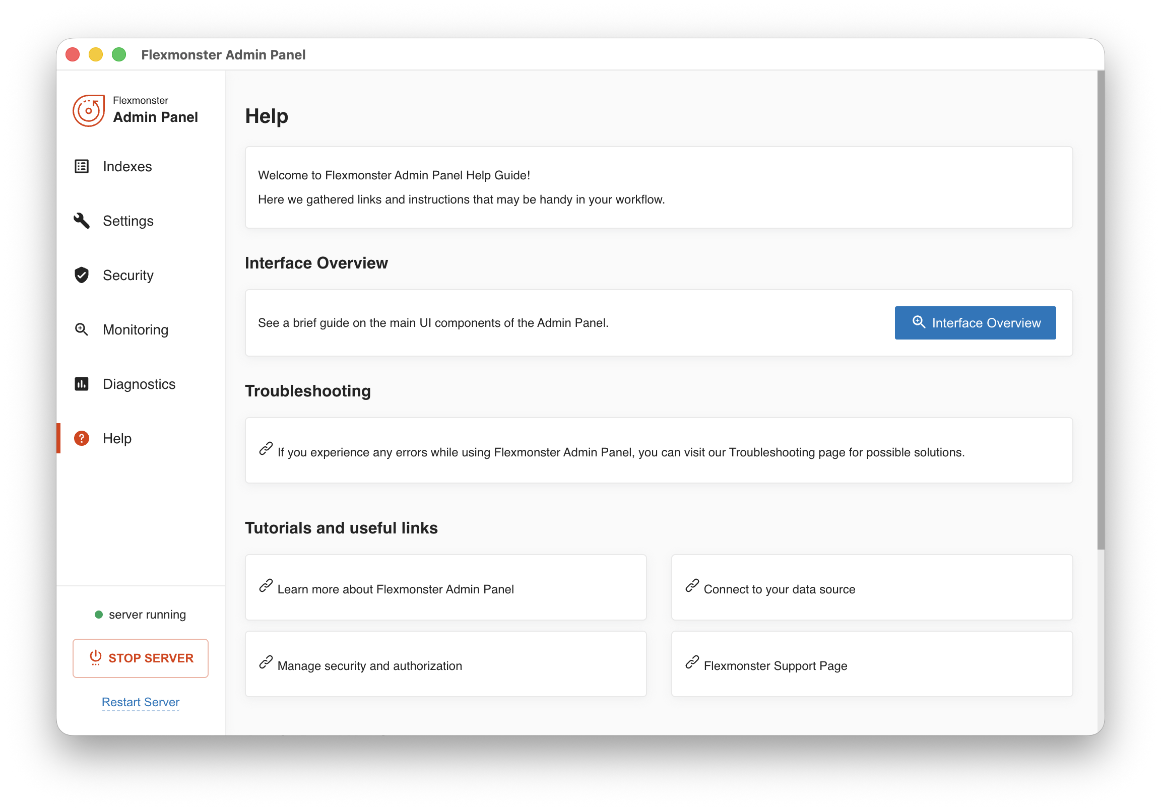 Screenshot of the Help tab in the Admin Panel