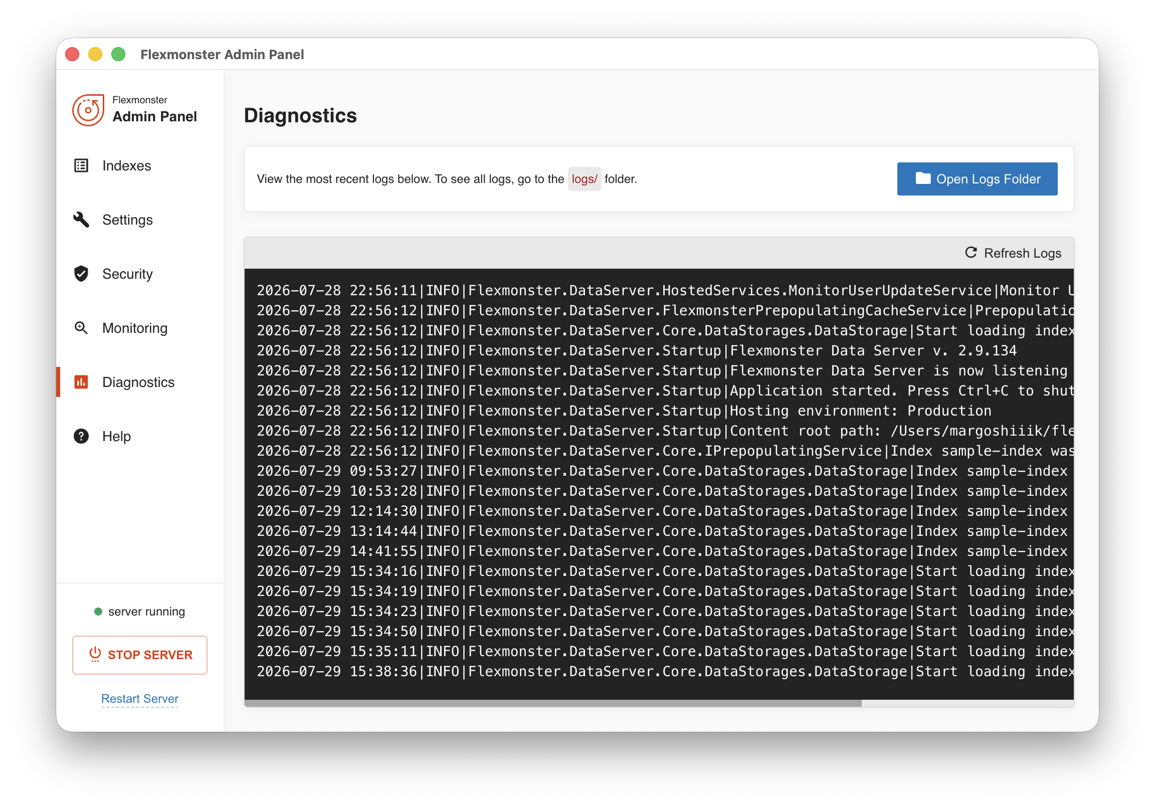 Screenshot of the Diagnostics tab in the Admin Panel