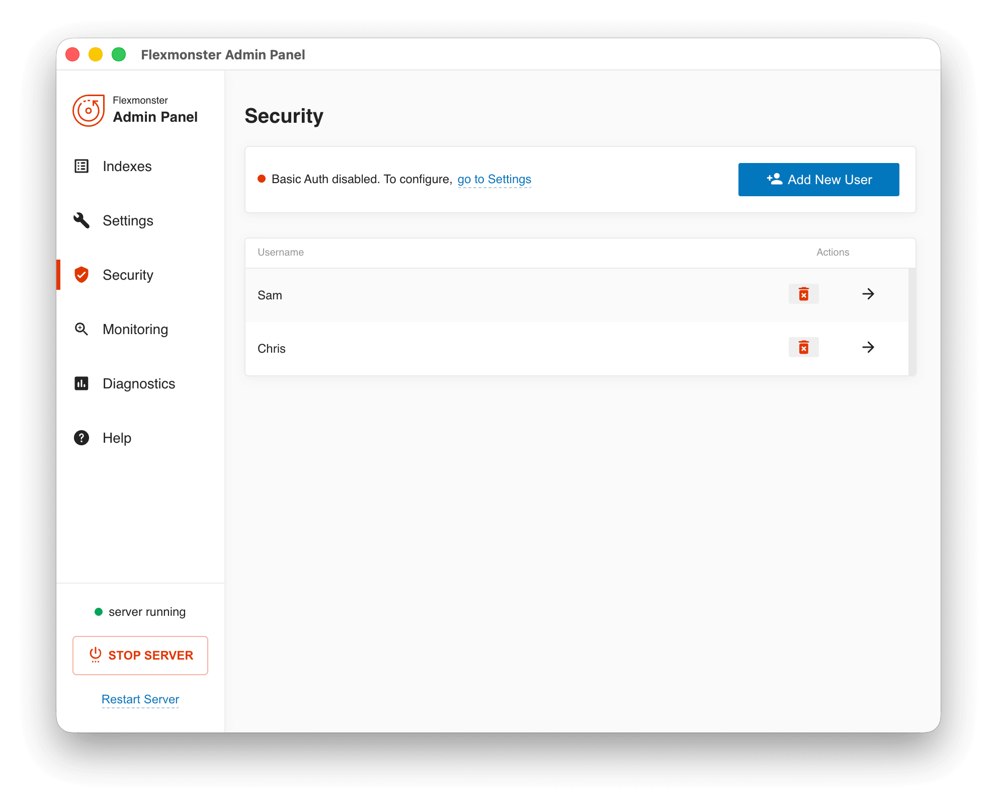 Screenshot of the Security tab in the Admin Panel