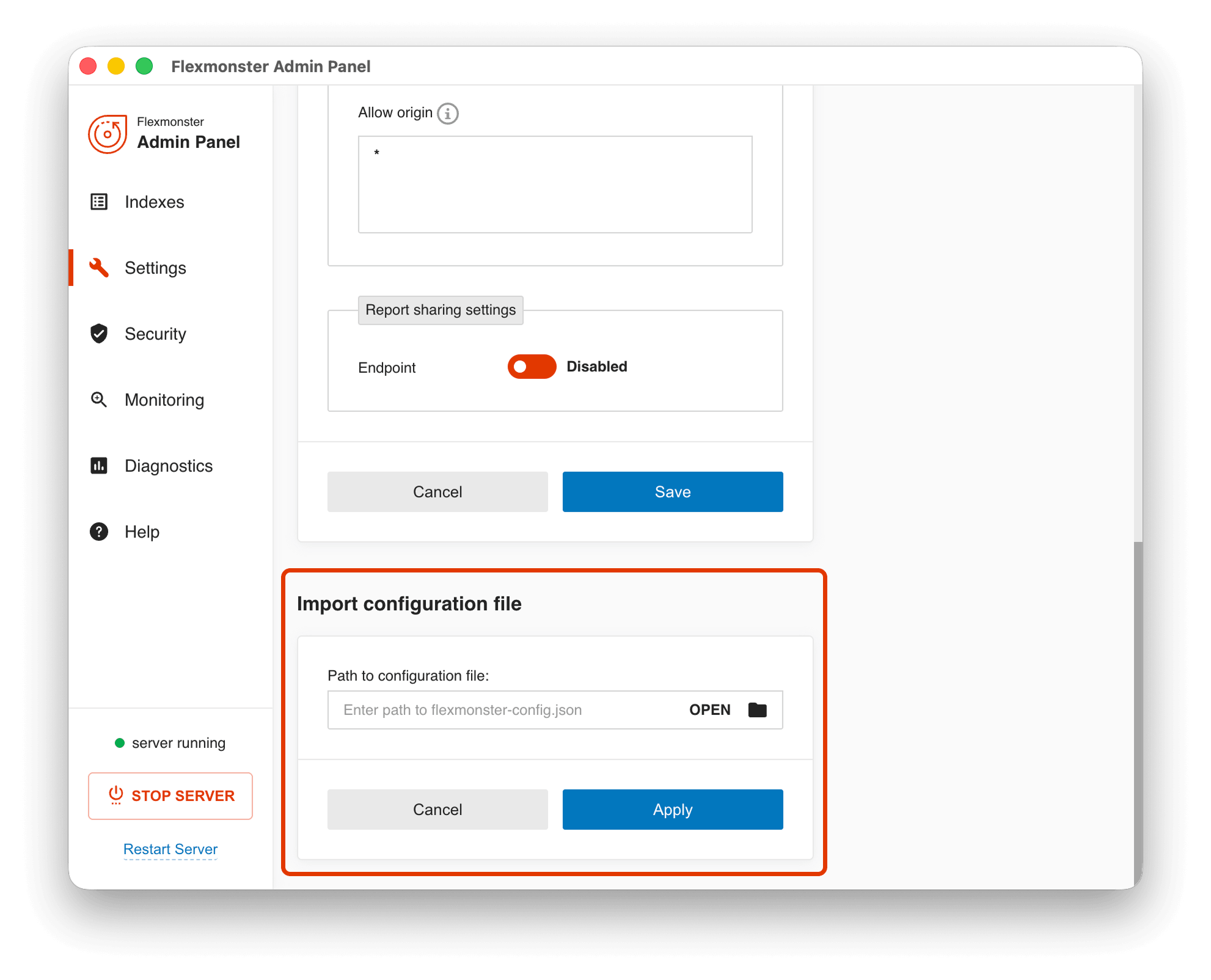 Settings tab with the Import configuration file section highlighted