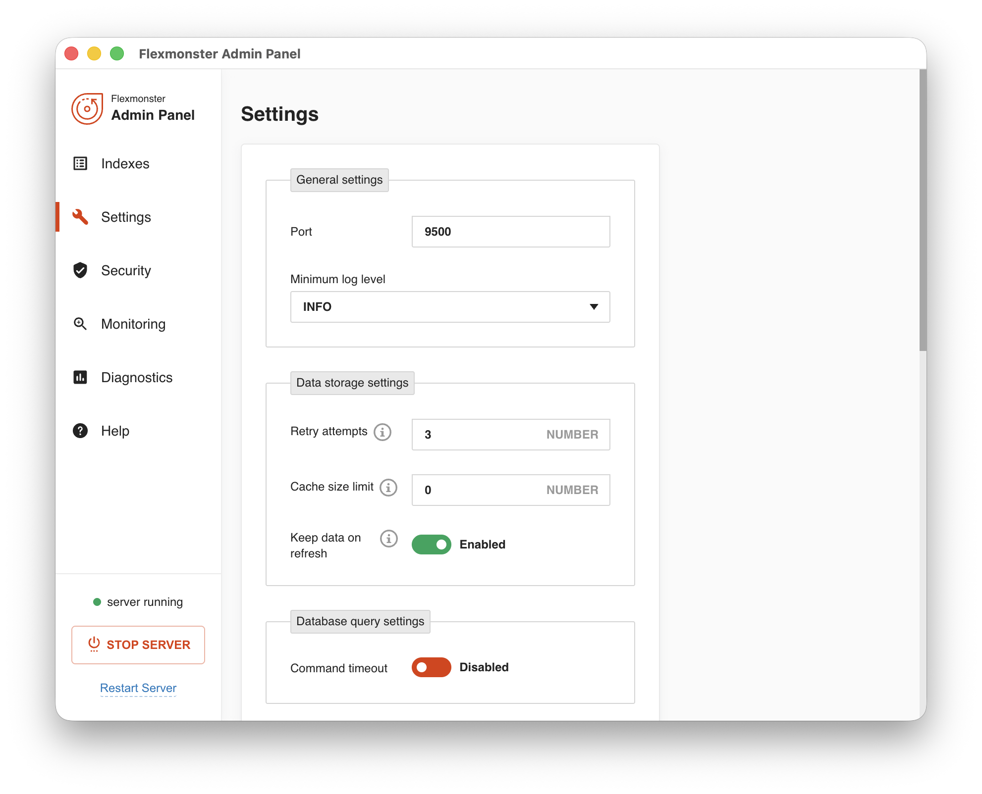 Screenshot of the Settings tab in the Admin Panel