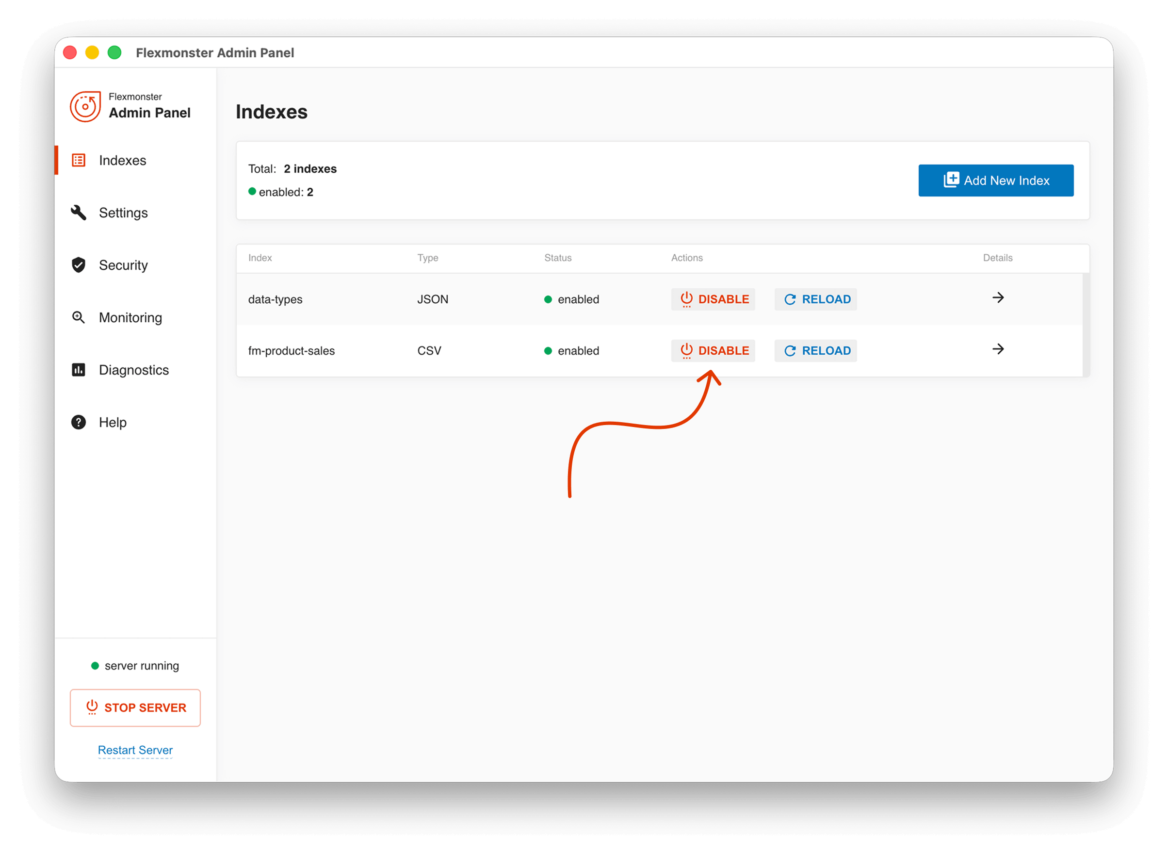 Screenshot of the Indexes tab in the Admin Panel where the Disable button is highlighted