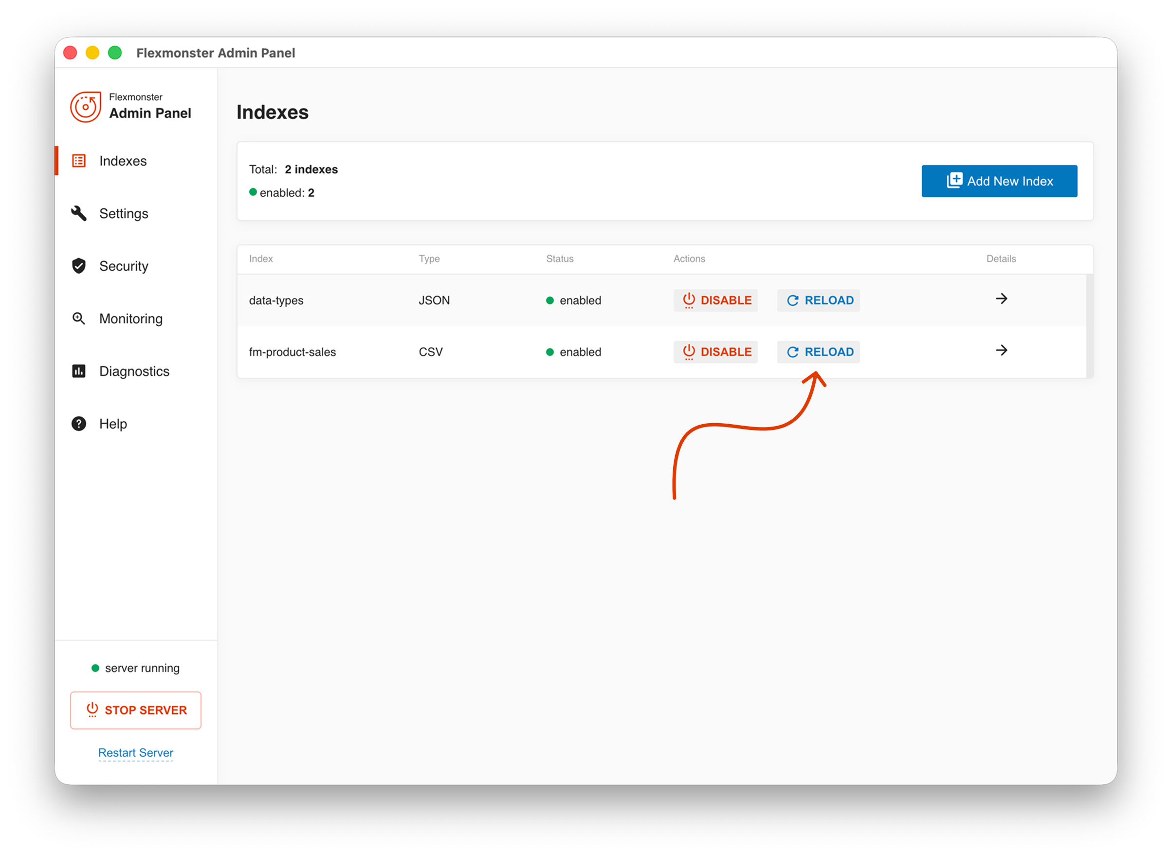 Screenshot of the Indexes tab in the Admin Panel where the Reload button is highlighted