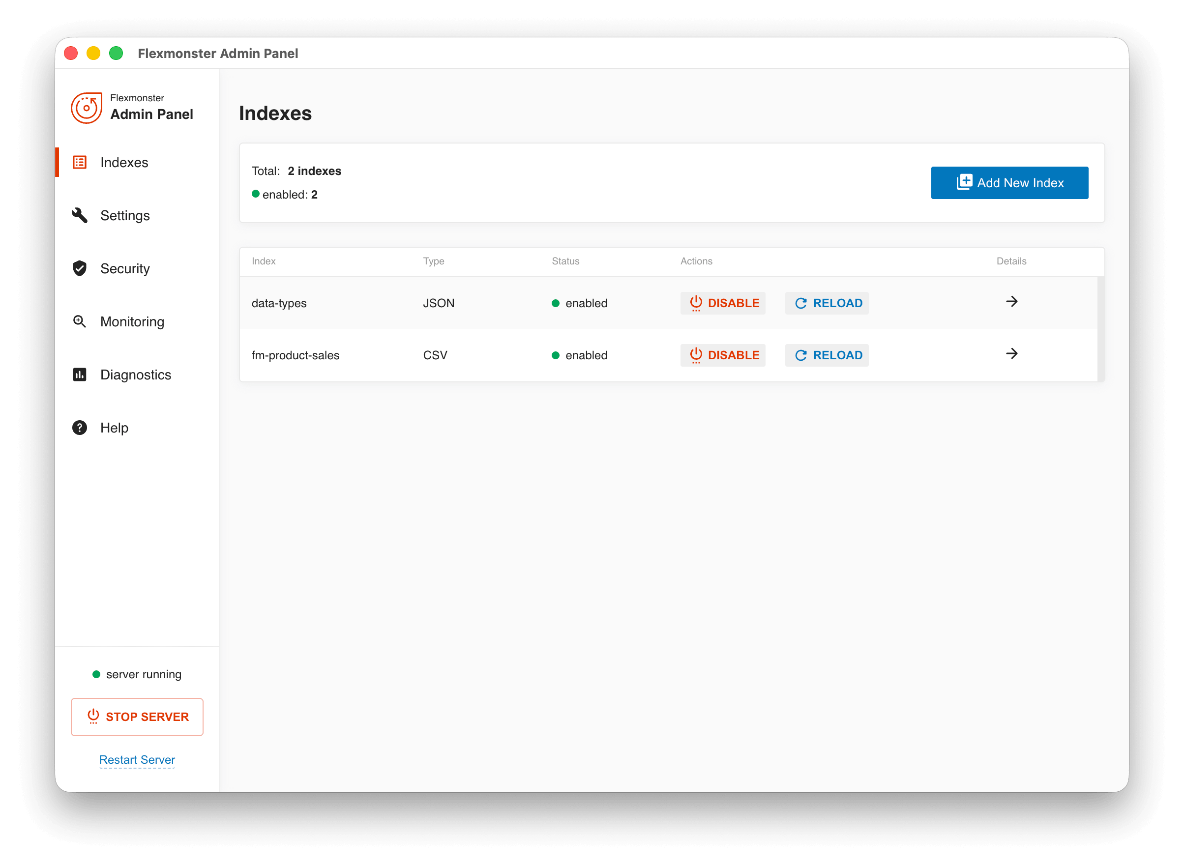 Screenshot of the Indexes tab in the Admin Panel