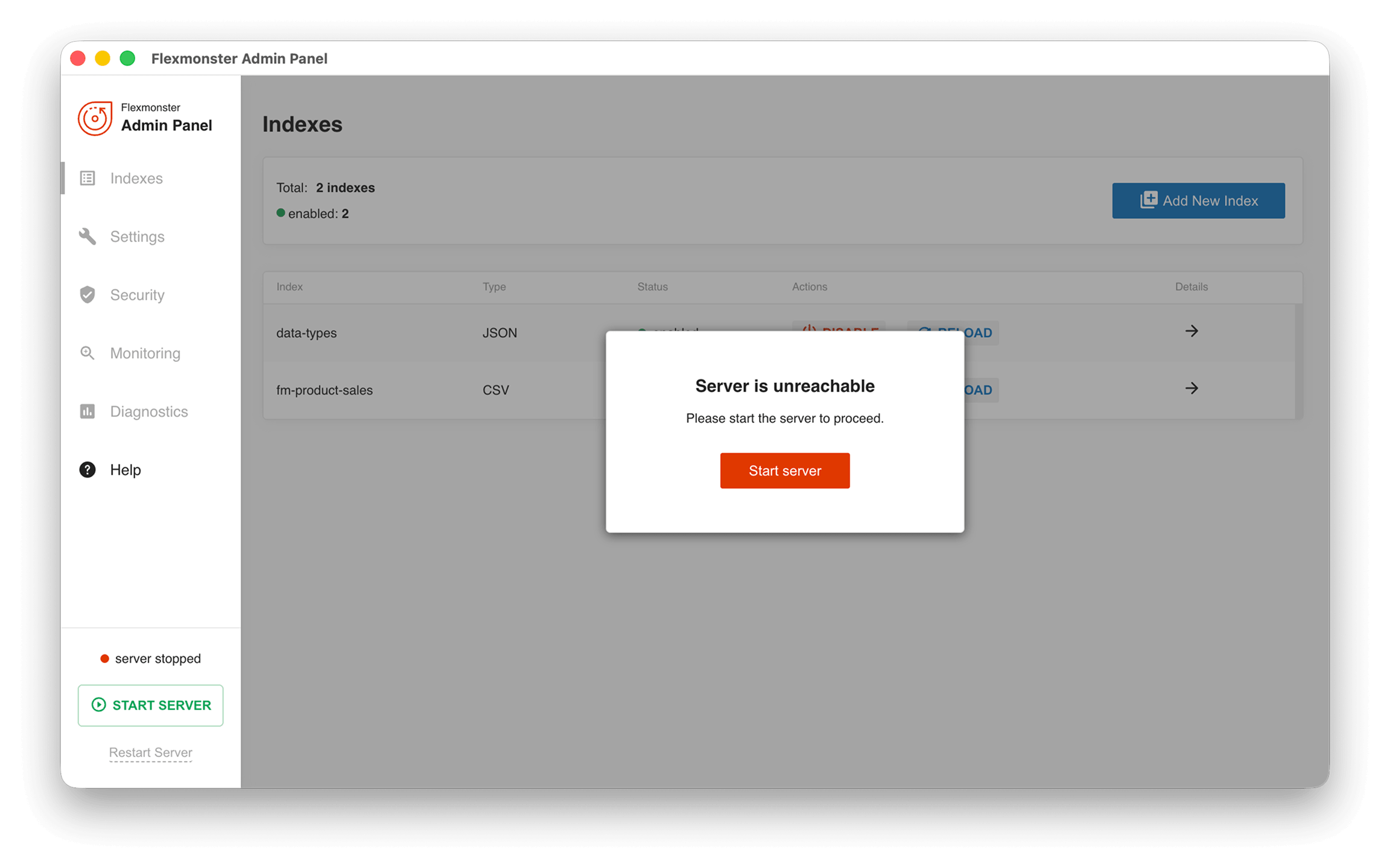 Screenshot of the Admin Panel when the Data Server is stopped